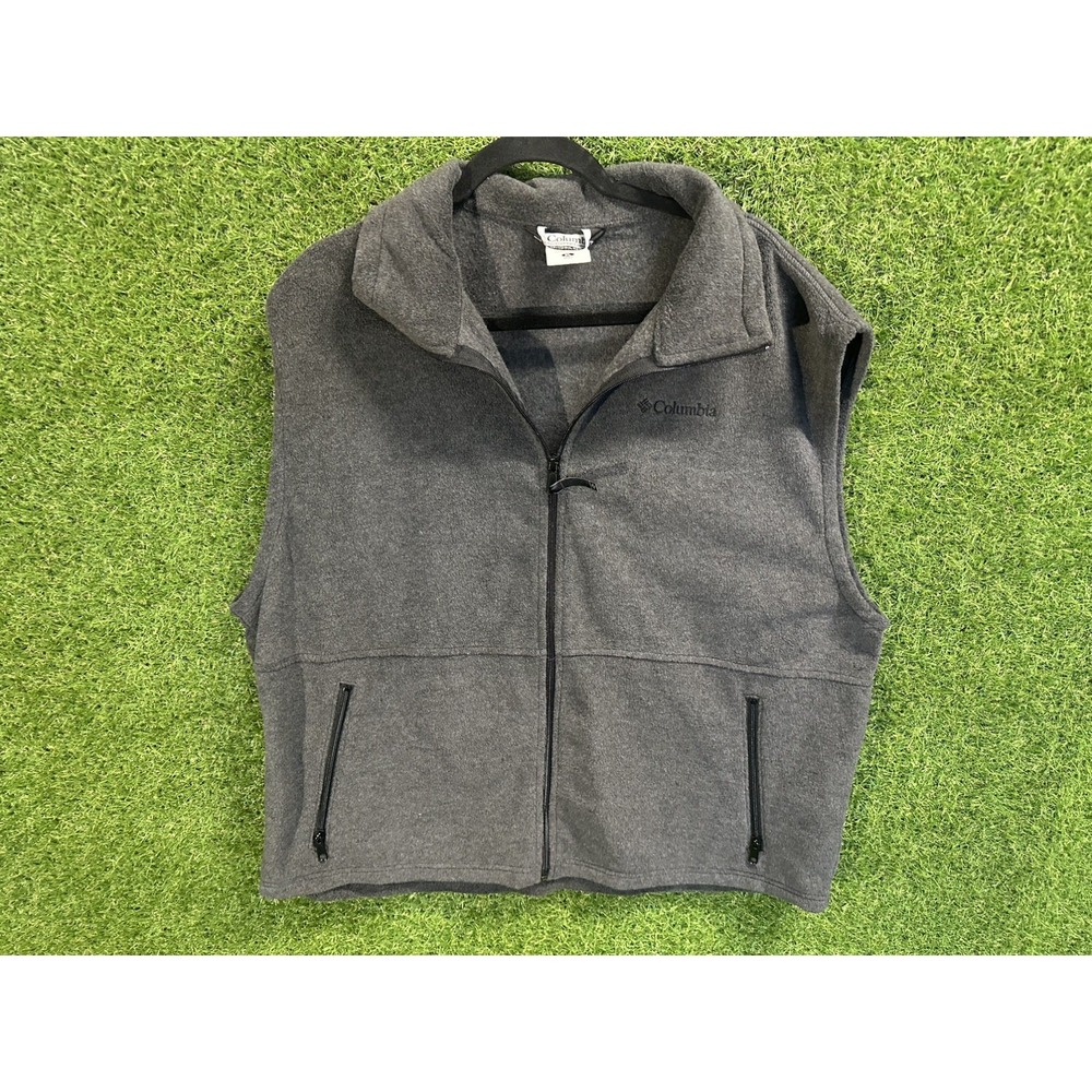 Columbia Men's Gray Cotton Vest XL Full Zip Zipped Pockets Stand-Up Mid-Length